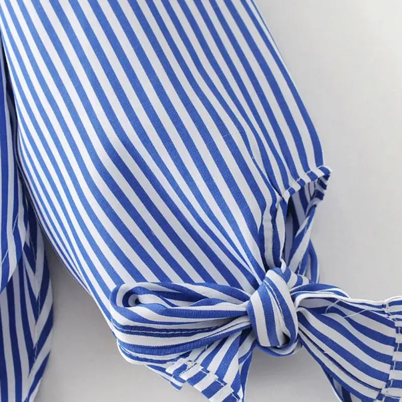 LINSHOW Дизайн Лук С Длинным Рукавом в Полоску Женщины Блузки Цветочной Вышивкой