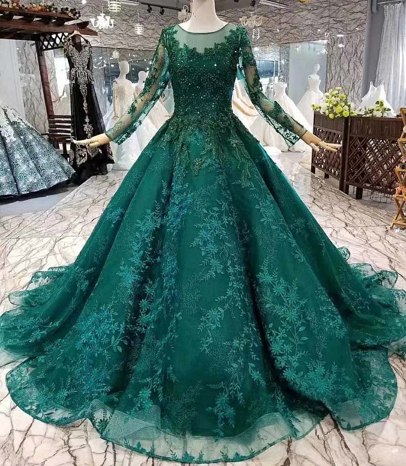 LS963214 королевский зеленый мусульманский вечернее платье длинные тюлевые рукава o шеи бисер цветы бальное платье женщины случай платье Китай опт - Цвет: as picture