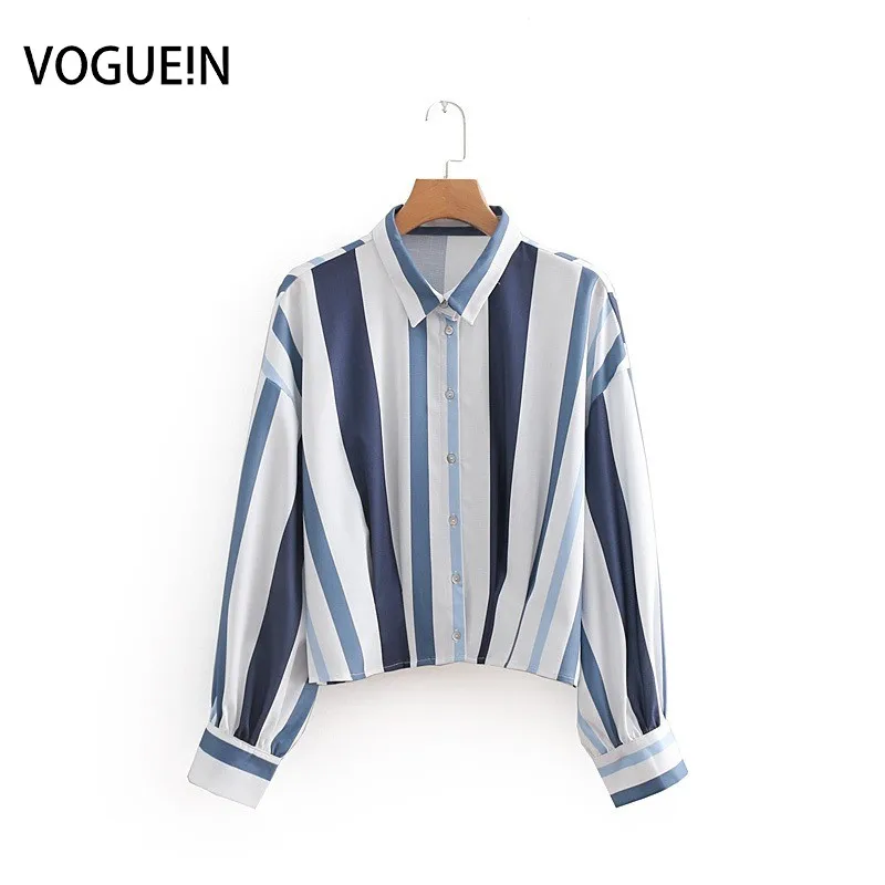 VOGUEIN Новая женская летняя полосатая короткая блузка рубашка с длинными рукавами