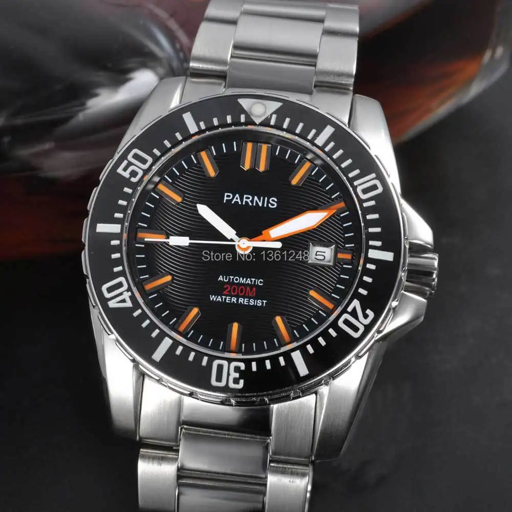 43 мм Parnis черный циферблат сапфировое стекло керамический ободок водостойкий 200 м
