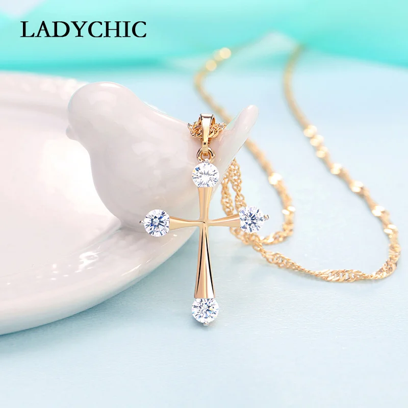 LADYCHIC простой кулон в виде креста золотого цвета с фианитом модное милое ожерелье