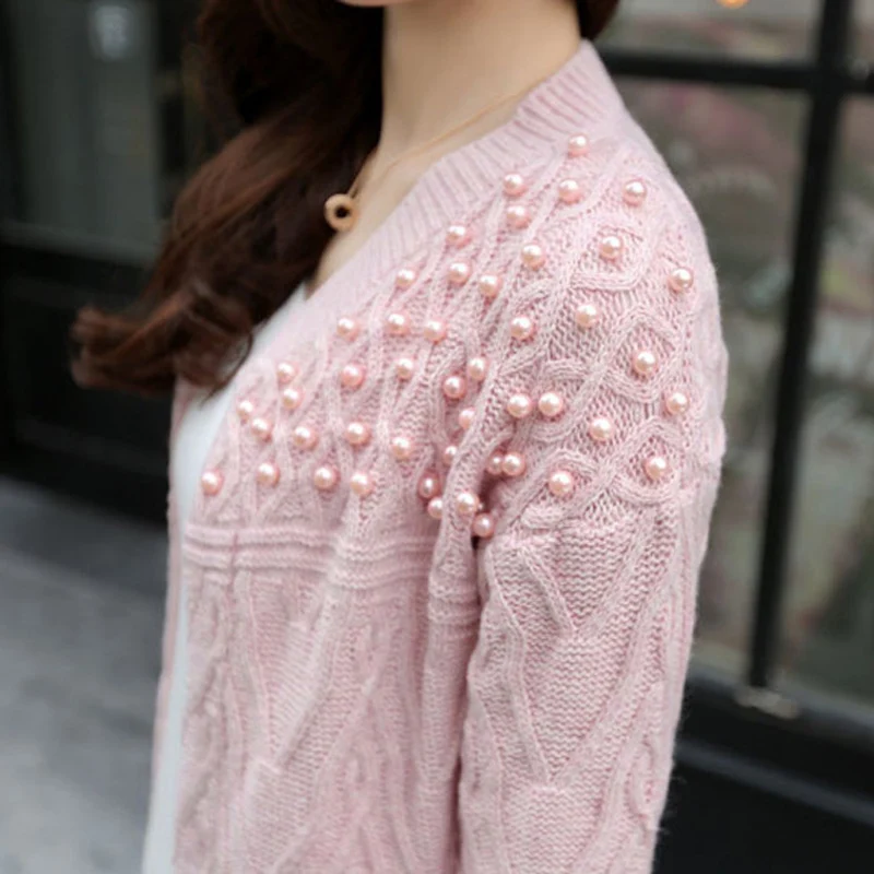 Женский длинный кардиган с жемчугом OLGITUM вязаный свитер длинным рукавом
