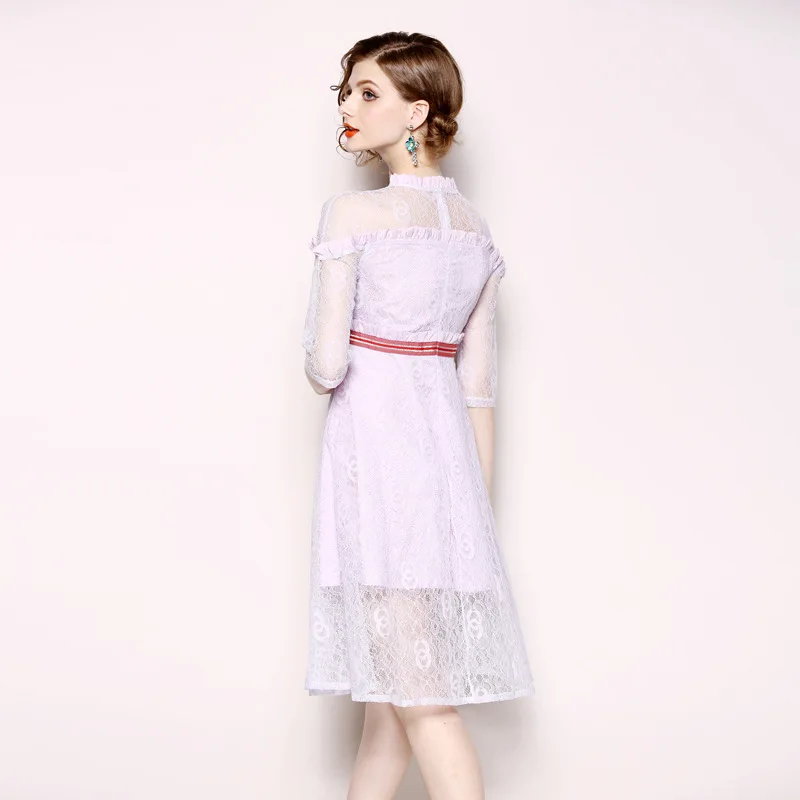 2018 new women's autumn light purple dresses ladies' seven-point sleeves lace slim fashion long dress | Женская одежда