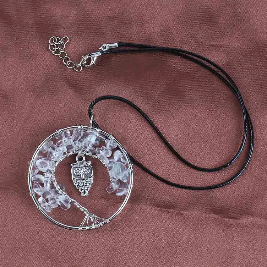 

xinshangmie Silver Plated Trendy Wisdom Tree Of Life Inlay Owl Clear Quartz Gravel Pendant Necklace Gifts