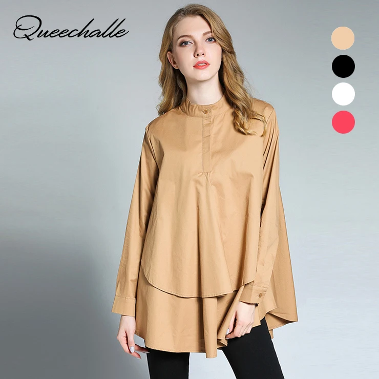 European Top design Big size Women's A line loose shirt 2017 Autumn asymmetrical Long sleeve Women Shirts 3XL Black White color|long women