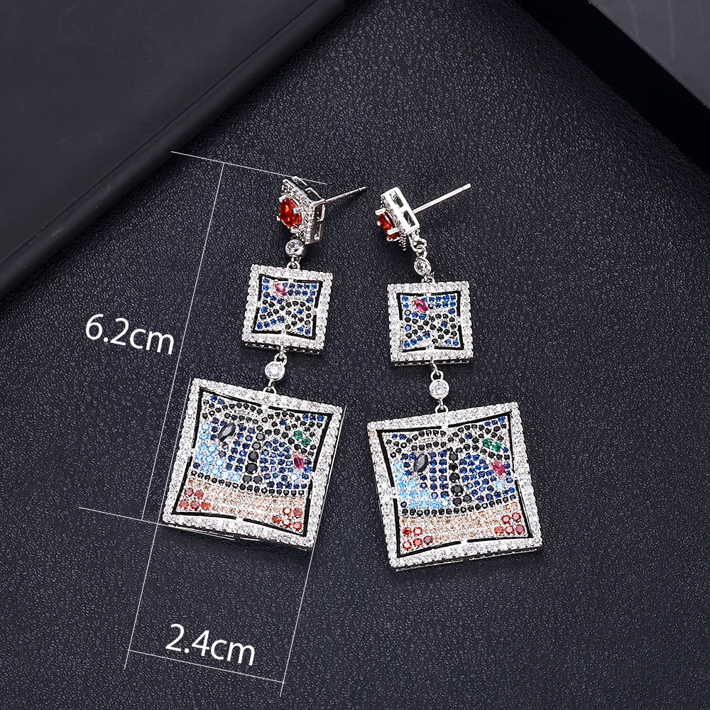 JANKELLY luxury mix color square Shape Earrings Cubic Zirconia Women Wedding Big Earrings Bijoux
