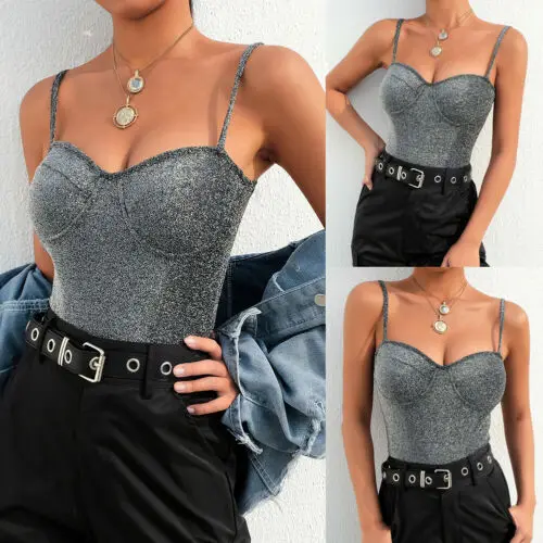 Женский серебристый яркий Шелковый комбинезон блестящий боди Облегающий Ромпер