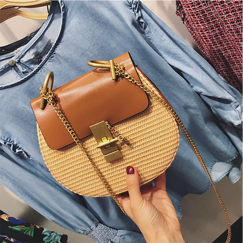 Старинные маленькую сумочку Вязание соломенная кожаные сумки Flap Crossbody Girls