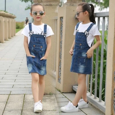 Spring girls clothes autumn girl suspender dress children denim removable strap kid sleeveless 12 14 15 Years | Детская одежда и
