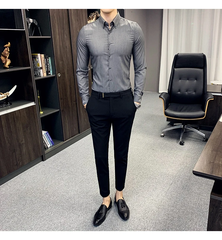 Новые формальные рубашки для мужчин офисное платье бизнес Ropa Hombre Elegante серые белые рубашки мужские розовые Camisa Social Masculina осень
