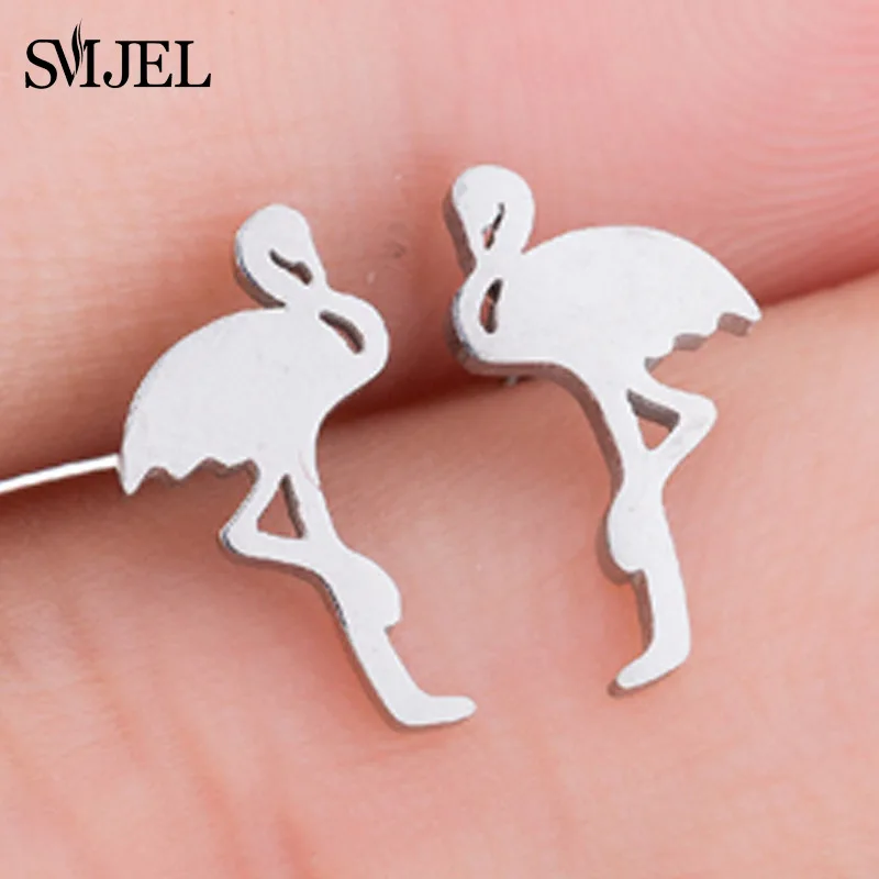 flamingo GED096 SMJEL модные милые серьги-гвоздики с животными для женщин и детей, ювелирные изделия из нержавеющей стали, серьги с кошкой, луной, звездой, ювелирные изделия, аксессуары, подарки - Окраска металла: flamingo GED096