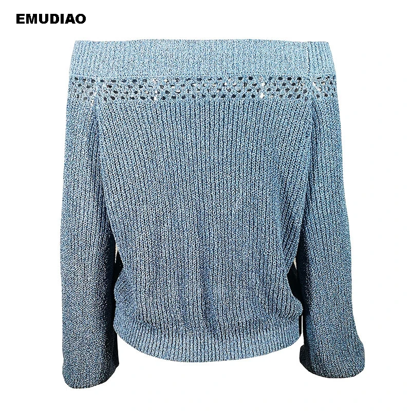 Slash Neck Sweater Woman Winter 2019 Casual Loose Pullover Autumn Off Shoulder Knitted Sweaters Solid Blue Knitwear Jumper | Женская