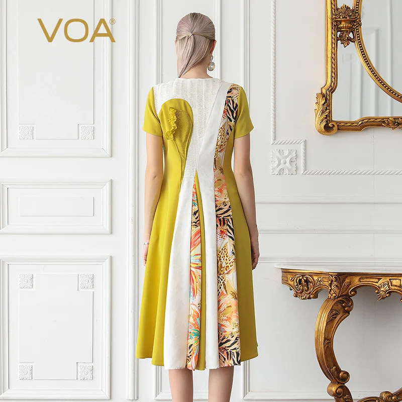 VOA Silk Party Dresses Women Summer Yellow Midi Dress 3D Printed V Neck Boho Slim Large Size Sweet Elegant Short Sleeve A731 | Женская