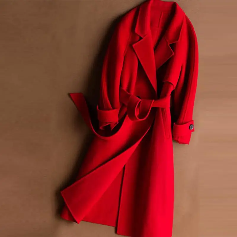 New Autumn Winter Pure Handmade Cashmere Coat Women Trench Cardigan Double Faced Wool Jacket Ladies Solid Overcoat X28 - Цвет: Красный