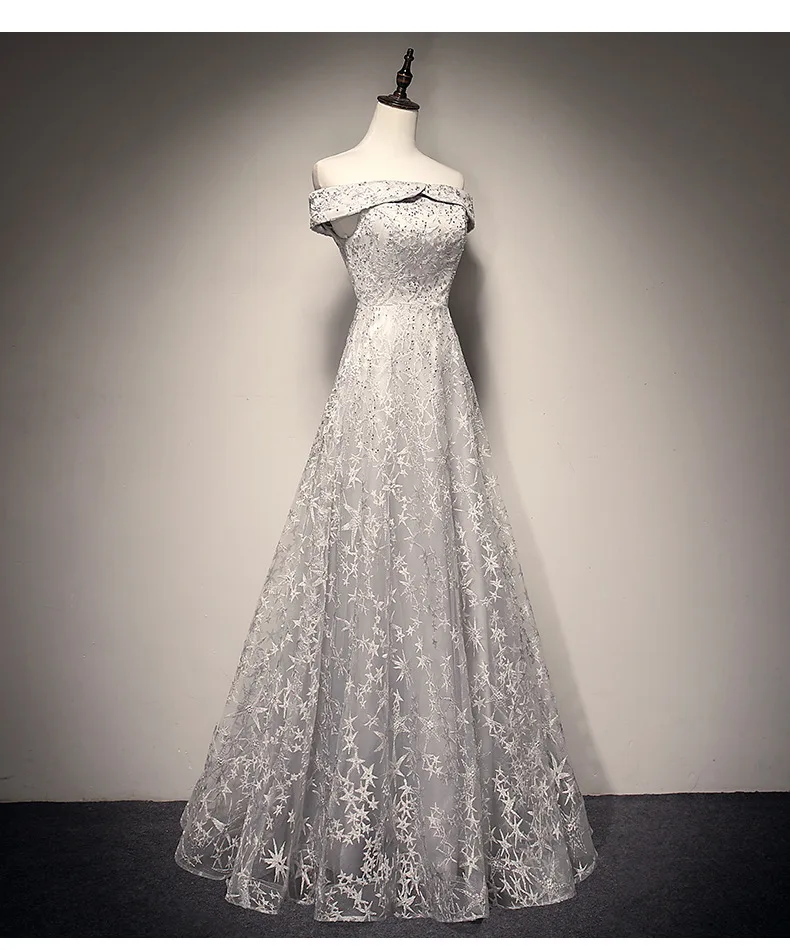 JaneVini Off Shoulder Gray Long Prom Dresses 2019 Beaded Lace Elegant Tulle Women Formal Dress Party Wear Gowns Galajurken Lang | Свадьбы и