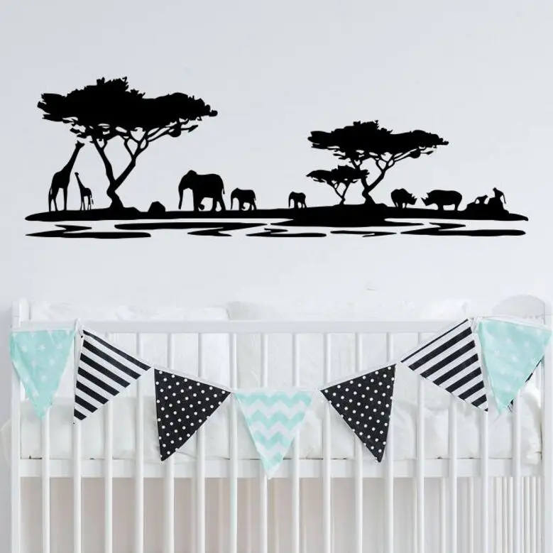 

African Safari Wall Sticker Giraffe Elephant Animals Wall Decal Forest Nature Wall Mural Kids Room Nursery Decor Wall Art AY1317