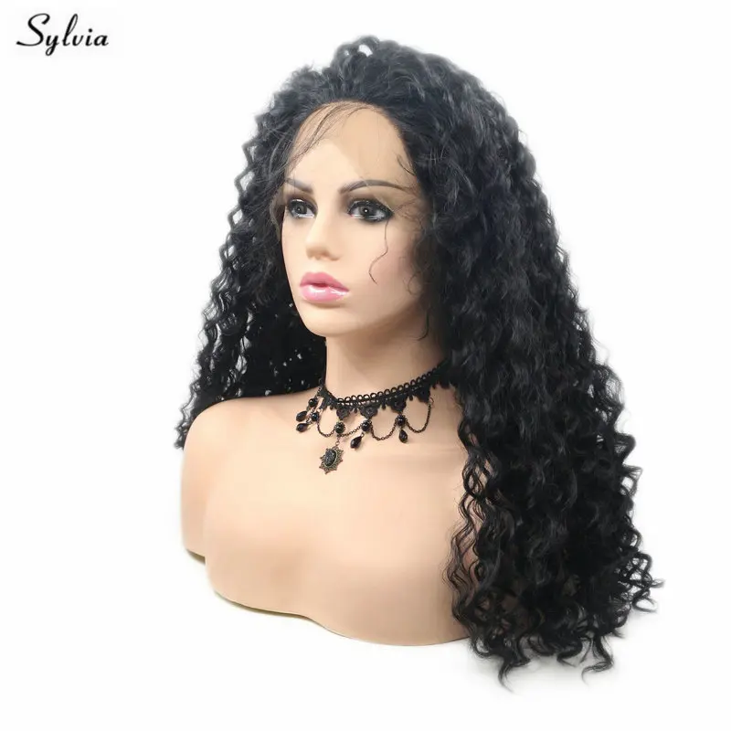 Sylvia Glueless парик с кружевом спереди для леди свободная волна черный волосами