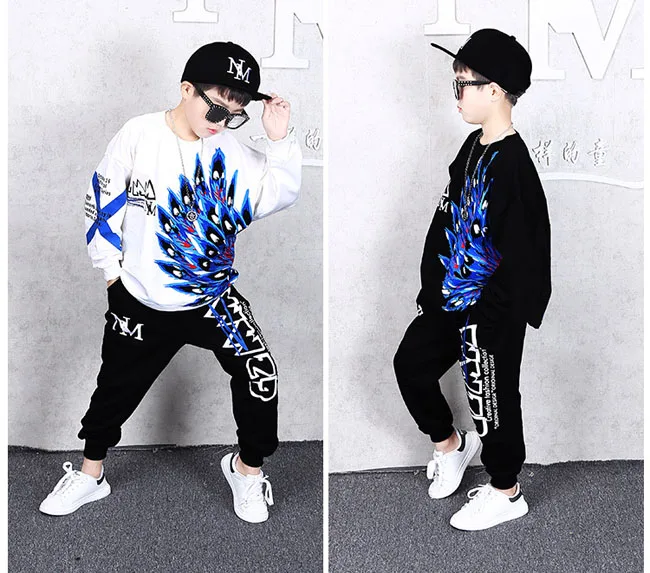 2 Pcs Children Autumn Clothes Set Big Boys Girls Peacock Hoodies Haren Pants Cotton Dance vetement garcon 6 8 10 12 13 14 Years