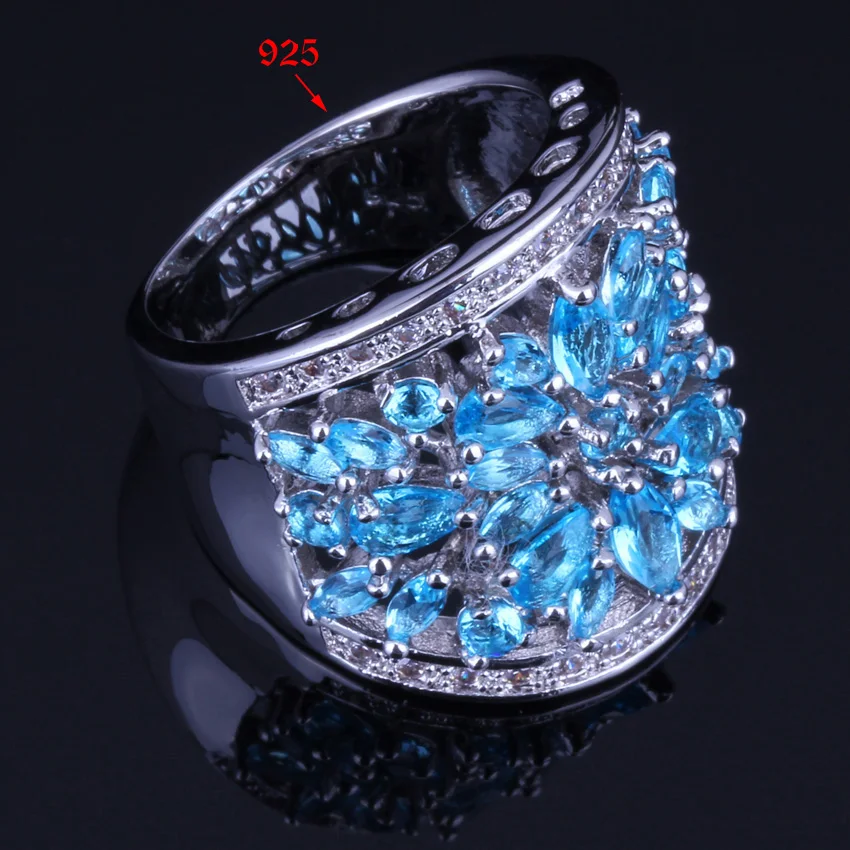 Astonishing Huge Sky Blue Cubic Zirconia White CZ Silver Plated Ring V0156 | Rings