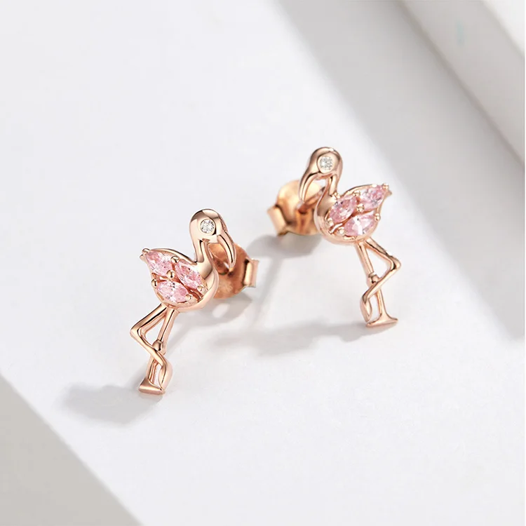 bamoer Summer Flamingos Stud Earrings for Women Pink Cubic Zirconia Ear Studs Romantic Female Silver 925 Jewelry Gifts BSE120