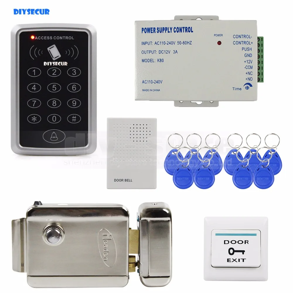 

DIYSECUR Door Bell 125KHz Rfid Access Control System Full Kit Set + Electronic Door Lock + Power Supply + Exit Button