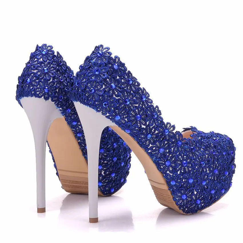 Новинка 2019 синие кружевные свадебные туфли обеденные на шпильке и платформе
