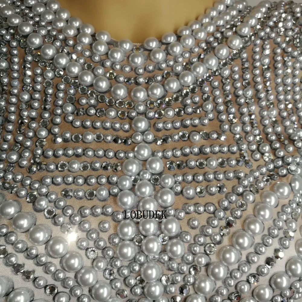 Female Singer Dancer sleeve flower Costume Silver Sparkly Rhinestones Pearls Petal Sleeve Bodysuit Luxurious Stage Dance Clothes