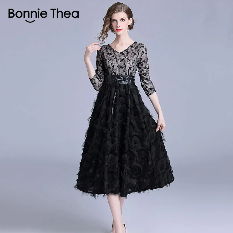 Осеннее женское платье Bonnie Thea элегантное черное кружевное миди для офиса и