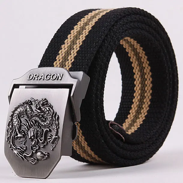 Style1 Black Stripe Скидка 50%, горячая Распродажа, Холщовый ремень с металлической пряжкой и изображением дракона, 11 цветов, мужской повседневный пояс в этническом стиле, 110 см, C414-1 - Цвет: Style1 Black Stripe