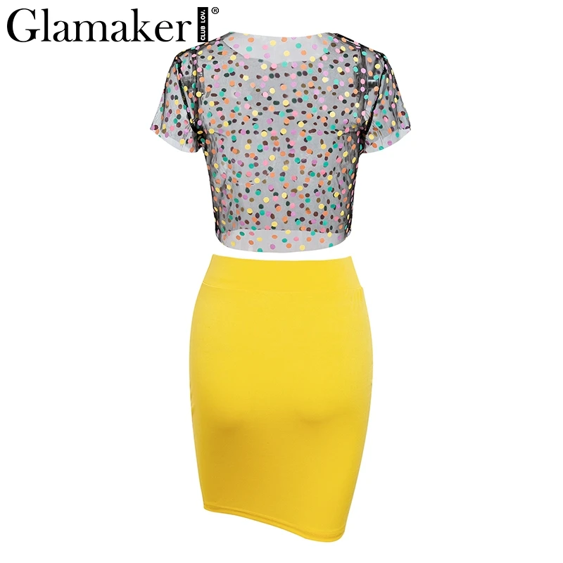 Glamaker костюм из двух частей в горошек сексуальное платье женское прозрачное желтое облегающее платье vestidos элегантное укороченное Сетчатое платье с высокой талией для вечеринок
