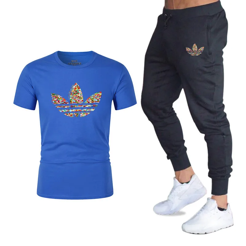 Summer hot running suit T-shirt + pants two-piece casual sportswear men 2019 gym fitness trousers male | Мужская одежда