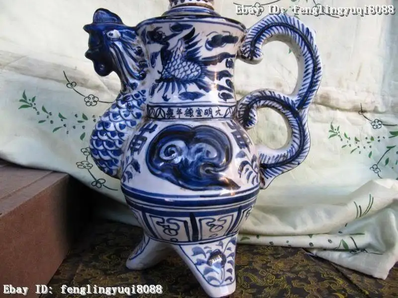 Бесплатная доставка 14 &quotКитайский винтажный синий и белый фарфор куриный чайник