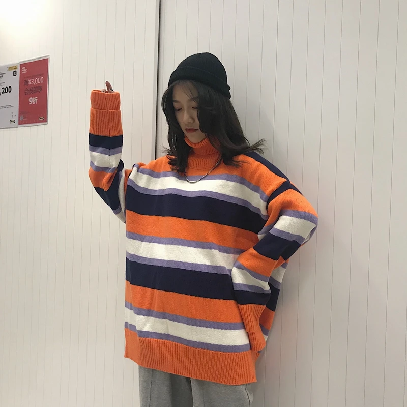 Autumn Winter 2019 Thick Warm Striped Sweater Casual Long sleeve Turtleneck Pullovers Knitted Women Harajuku | Женская одежда