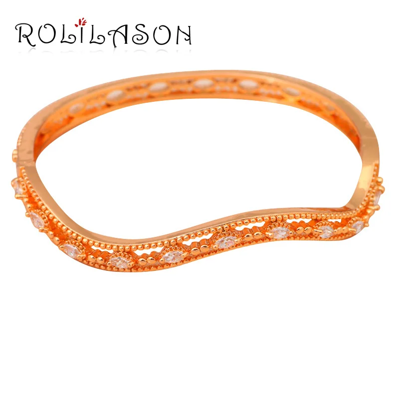 ROLILASON Необычные chic волна дизайн кристалл белый циркон золотые браслеты здоровья