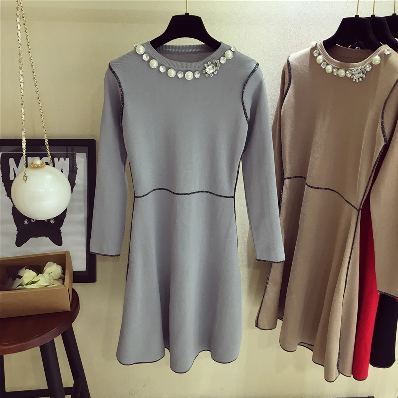 Женское трикотажное платье с длинным рукавом со стразами|dress for|dress for womenknitted dress |