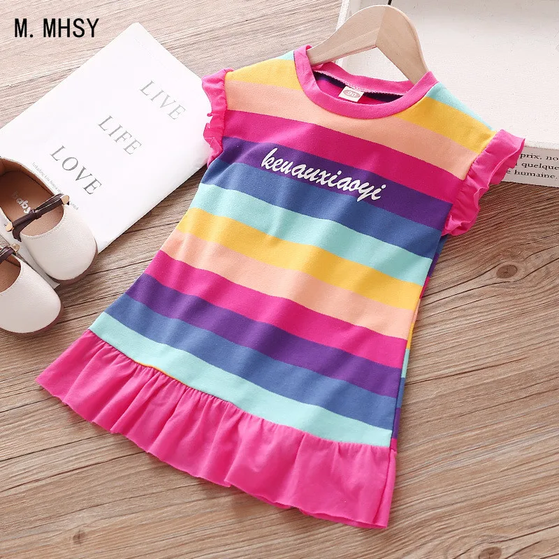 MMHSY Summer Short Sleeve Girls Cartoon Striped Dress Baby Clothes Cute Kids Dresses Princess Tops Clot | Детская одежда и обувь