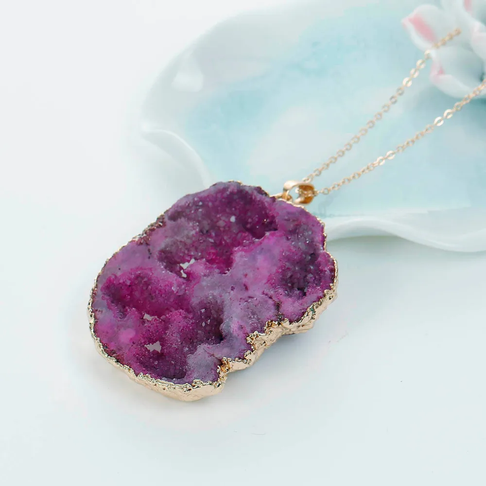 DoreenBeads Natural Created Quartz Crystal Drusy Necklace Link Cable Chain Gold color Irregular Fuchsia Pendant 55cm -47cm 1 PC | Украшения