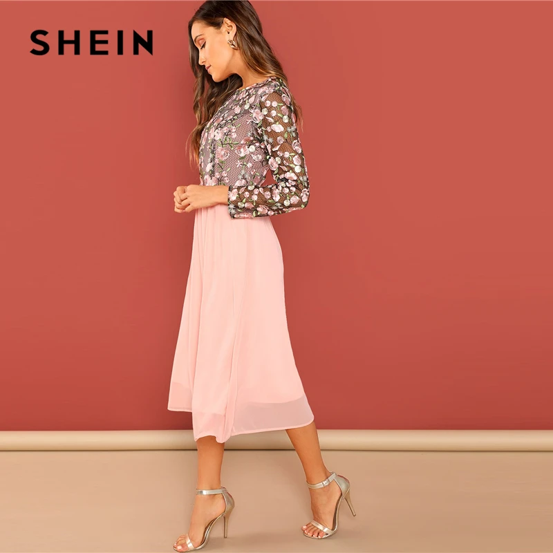 SHEIN выходное розовое цветочное вышитое контрастное Сетчатое платье с лифом и круглым вырезом с высокой талией женское ТРАПЕЦИЕВИДНОЕ Длинное Элегантное платье
