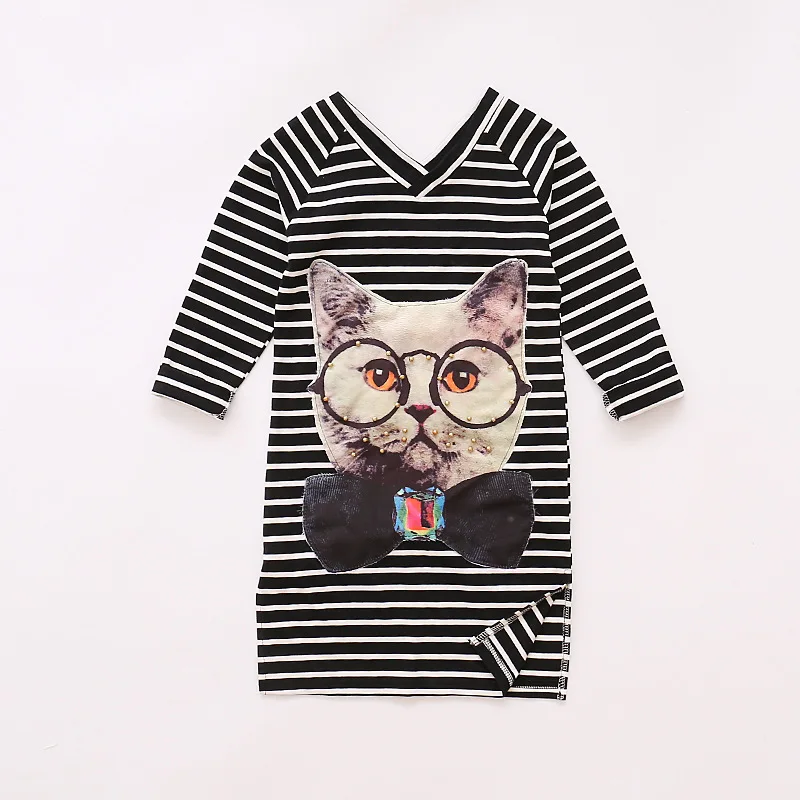 Girls costumes kids dress elegant party frocks for girls striped Children cat animal print long sleeve 4 5 12 years | Детская одежда и