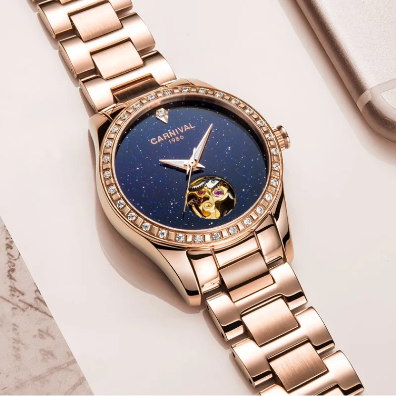Fashion Skeleton Watch Women 2019 CARNIVAL Mechanical Watch Waterproof Calendar Sapphire Luminous Full Steel Women Watches Gold