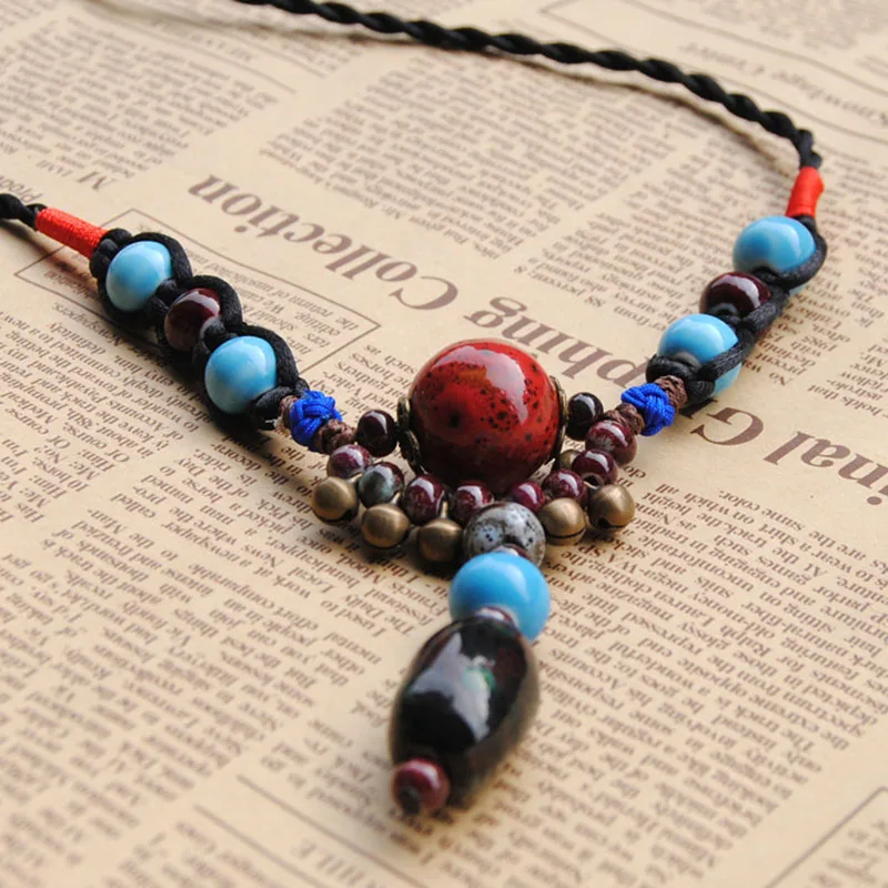 

12 Pieces/Lot Ceramic Beads Long Necklace Ethnic Rope Knot Vintage Bells Necklace Sweater Chain Charm Choker Jewelry For Women