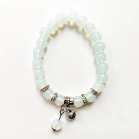 bhuann white opalite crystal stone beads 8mm round strand bracelet tibetan silver lotus charm pendant bracelet handmade 1pc