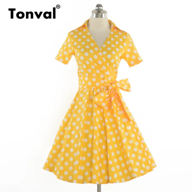 Tonval, Ретро стиль, горошек, рокабилли, желтое платье, для женщин, короткий рукав, v-образный вырез, ТРАПЕЦИЕВИДНОЕ ПЛАТЬЕ, для летней вечеринки, 50 s, винтажное платье