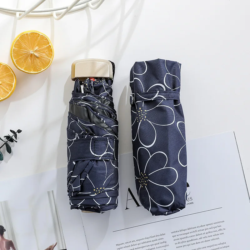 Navy blue Плоский Мини женский зонтик солнце черное покрытие солнцезащитный, защита от ультрафиолетового излучения пять складных зонтов зонтик ультра-легкий карманный зонт от солнца - Цвет: Navy blue