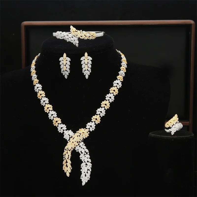 Большой Роскошный Золотой/Серебряный 4 шт. нигерийское Ожерелье Ювелирные наборы для женщин свадебный Циркон Кристалл CZ индийский Африканский Свадебный комплект ювелирных изделий