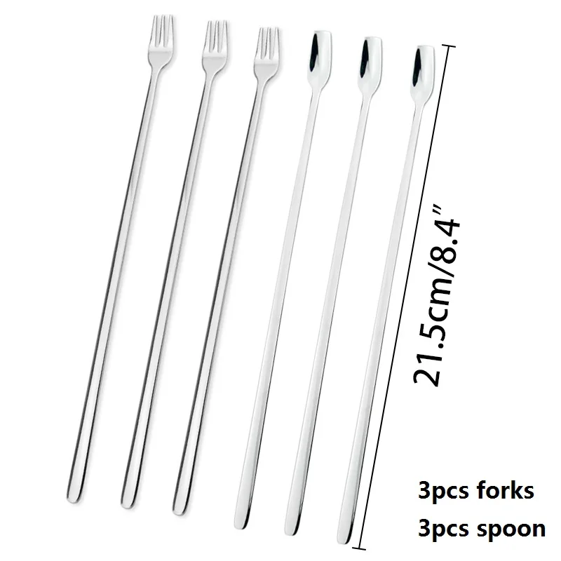 3pcs Fork 3pcs Spoon 6 шт., корейские фруктовые вилки из нержавеющей стали, длинные ручки, салат, десерт, Коктейльная вилка, ложка, три раза, сервировка, мариновка, столовая вилка - Цвет: 3pcs Fork 3pcs Spoon