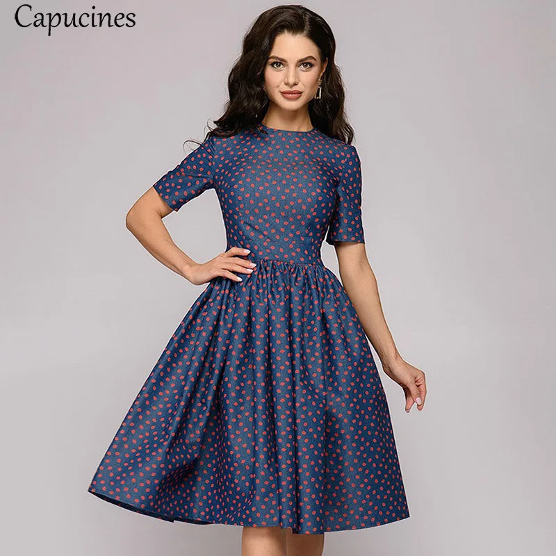 Navy Blue Элегантное Красное вино напечатанный платье летнее женское С коротким рукавом О-образный вырез А-силуэт Повседневное платье женский Вечеринка офис Рабочая Одежда для женщин - Цвет: Navy Blue