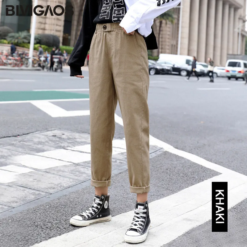 trigon buckle Khaki BIVIGAOS новая весенняя женская одежда прямые комбинезоны повседневные штаны-шаровары Корейская эластичная талия треугольная Пряжка брюки карго модный Женщин-брюки Комбинезон - Цвет: trigon buckle Khaki