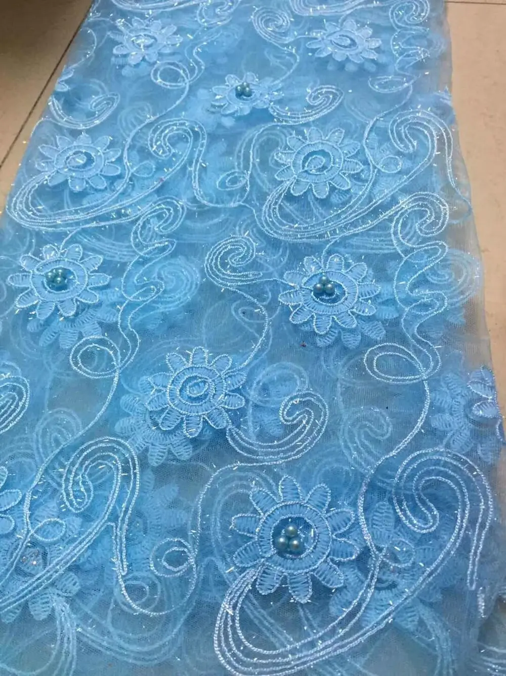 

african lace fabric with 3D flower and beads 2019 sequins latest Royal blue lace fabric high quality 3d lace fabric for wedding