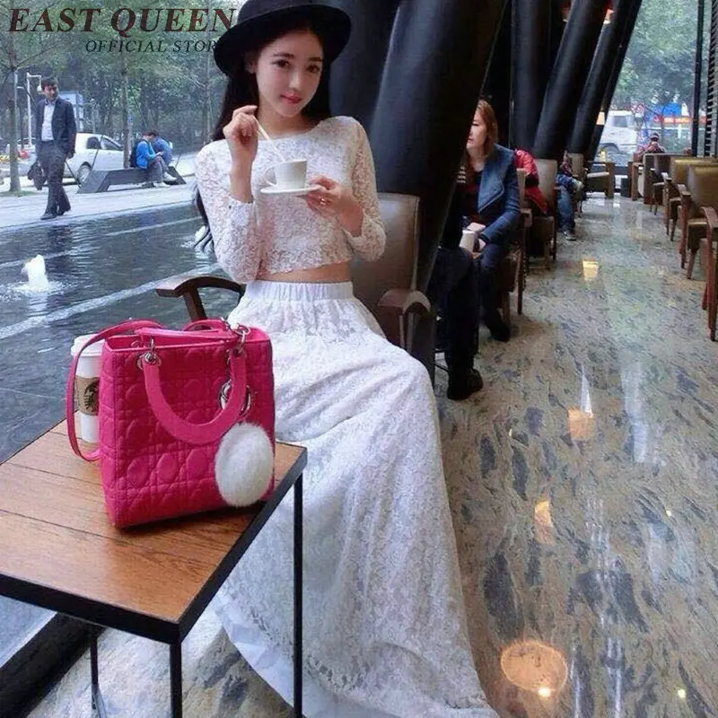 

New Autumn lace crop top and skirt set solid color crop top long sleeve+elegant long white tulle skirt two piece suit KK716 Q